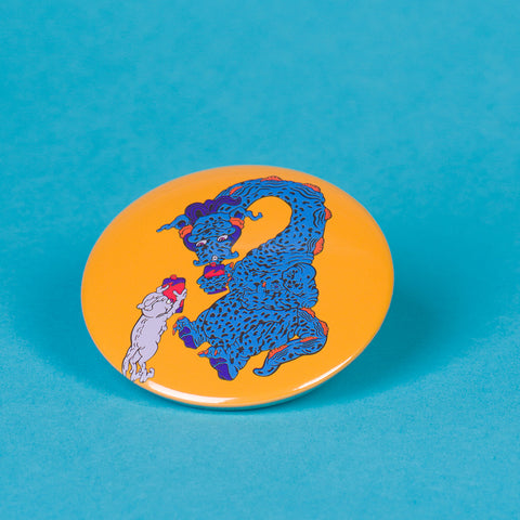 Yellow A Friend In Need Art Pin Button By Danica Daydreams On A Blue Background